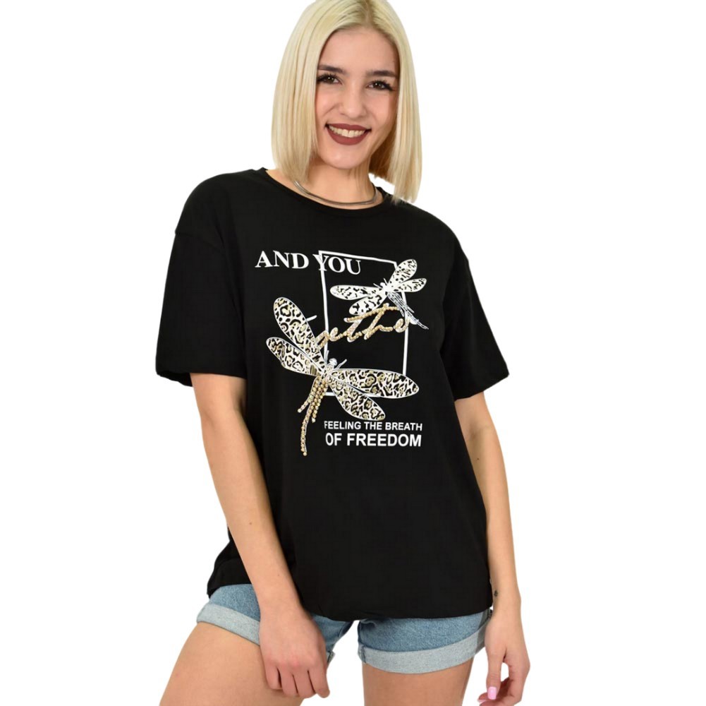 Γυναικείο T-shirt με σχέδιο και στρας Μαύρο 23160