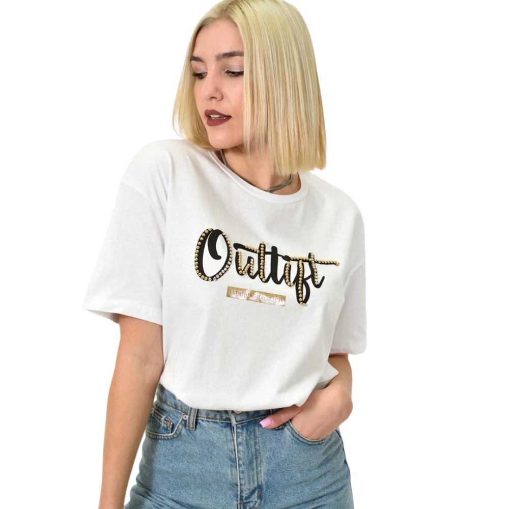 Γυναικείο T-shirt με σχέδιο και στρας Λευκό 23145