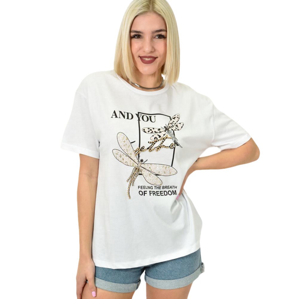 Γυναικείο T-shirt με σχέδιο και στρας Λευκό 23161