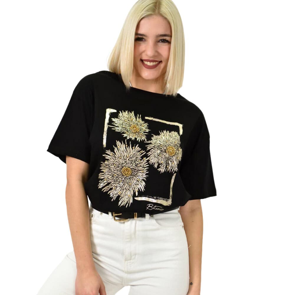 Γυναικείο T-shirt με σχέδιο λουλούδια Μαύρο 23136