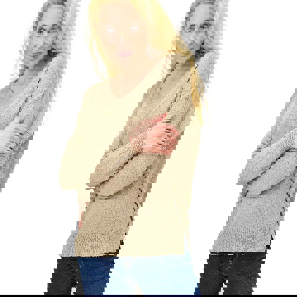 Πλεκτή μακρυμάνικη oversized μπλούζα Μπεζ 14166