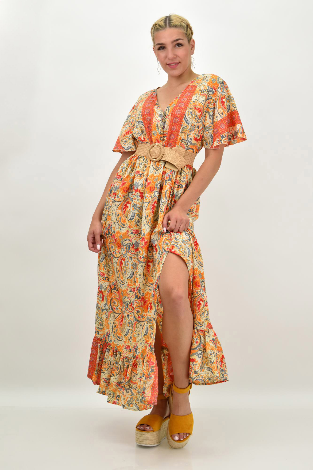 Γυναικείο μεταξωτό boho φόρεμα με κουμπιά χωρίς ζώνη Πορτοκαλί 21156