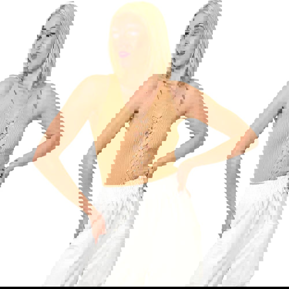 Πλεκτό τοπ με άνοιγμα και στρας Μπεζ 23734