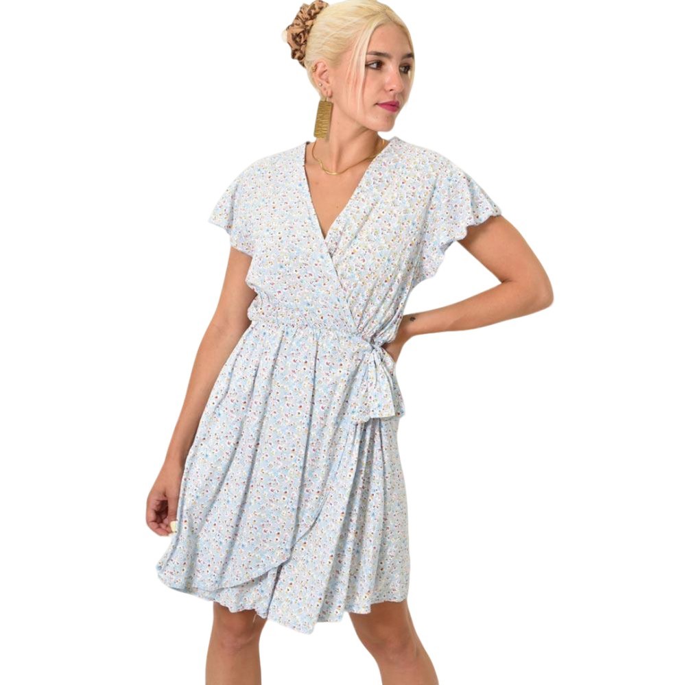 Γυναικείο φλοράλ φόρεμα κρουαζέ που δένει στο πλάι Γαλάζιο 11262