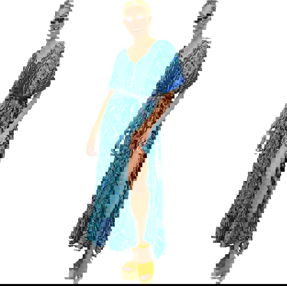 Γυναικείο μεταξωτό boho φόρεμα με κουμπιά χωρίς ζώνη Μπλε 21166