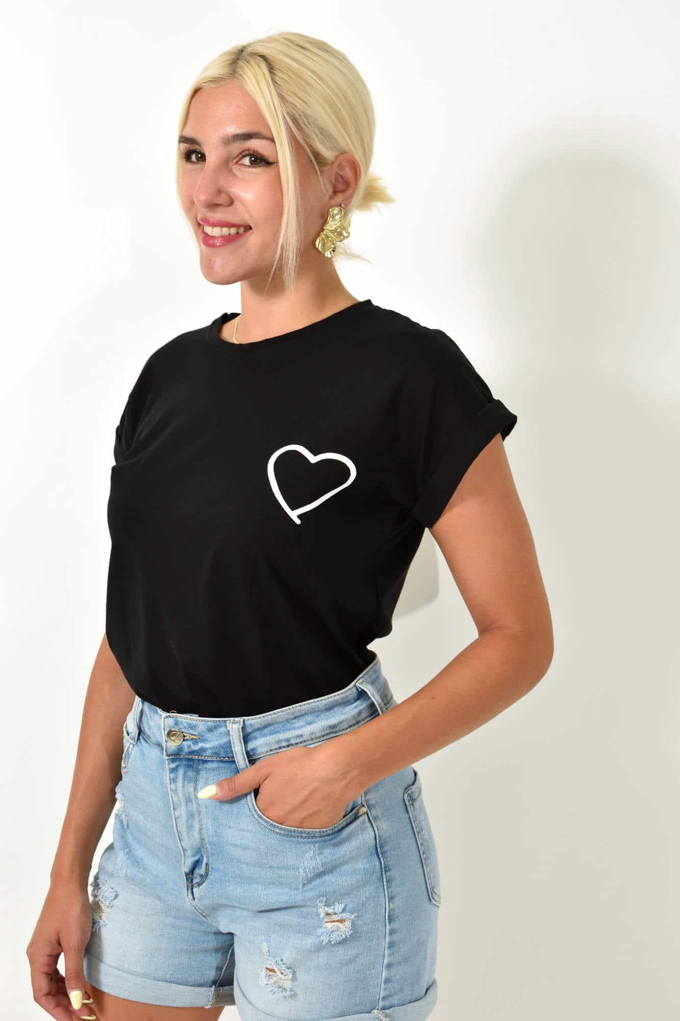 T-shirt με τύπωμα καρδια Μαύρο 25593