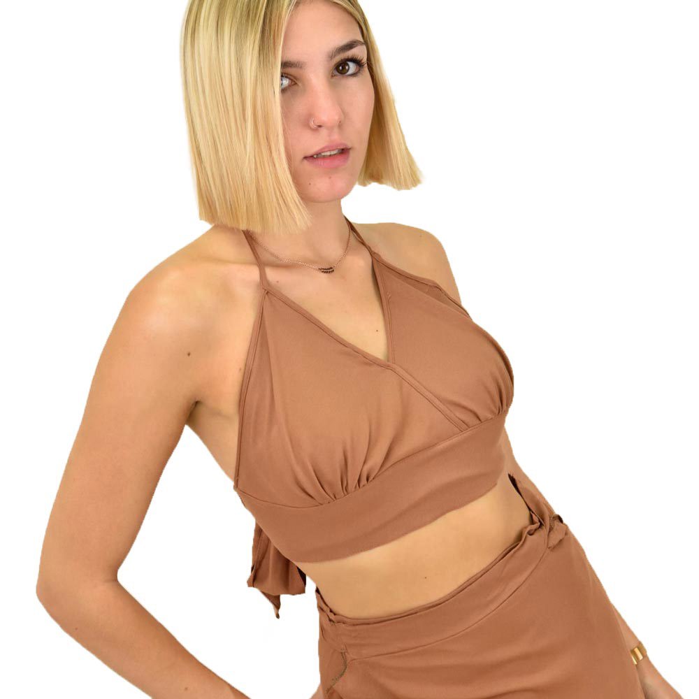 Γυναικείο crop top κρουαζέ μονόχρωμο Καφέ 16854
