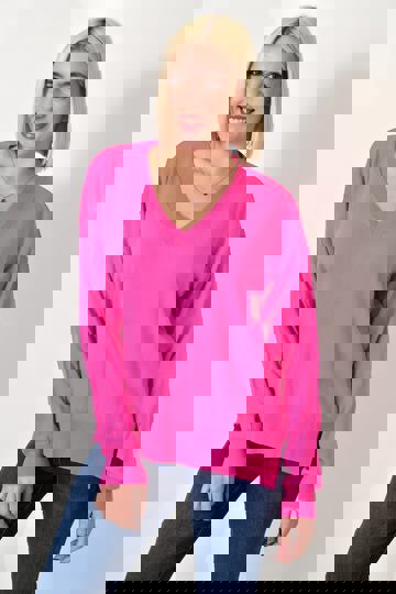  - Γυναικείο μακρύ πλεκτό μπλουζάκι, με V λαιμόκοψη και μακριά μανίκια σε φούξια