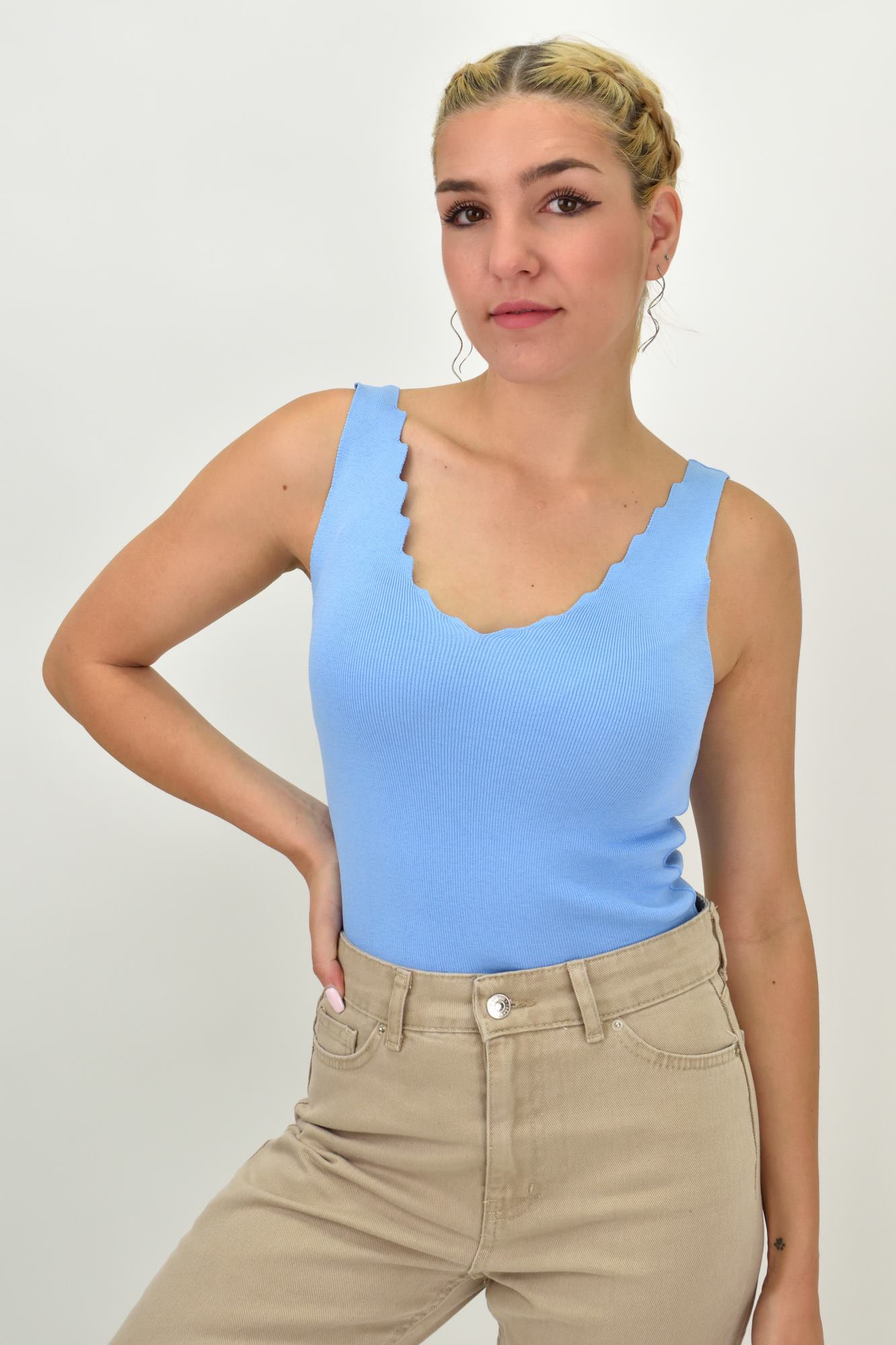 Γυναικείο Ριπ Τοπ με V-Neck κυματιστό ντεκολτέ Γαλάζιο 21115
