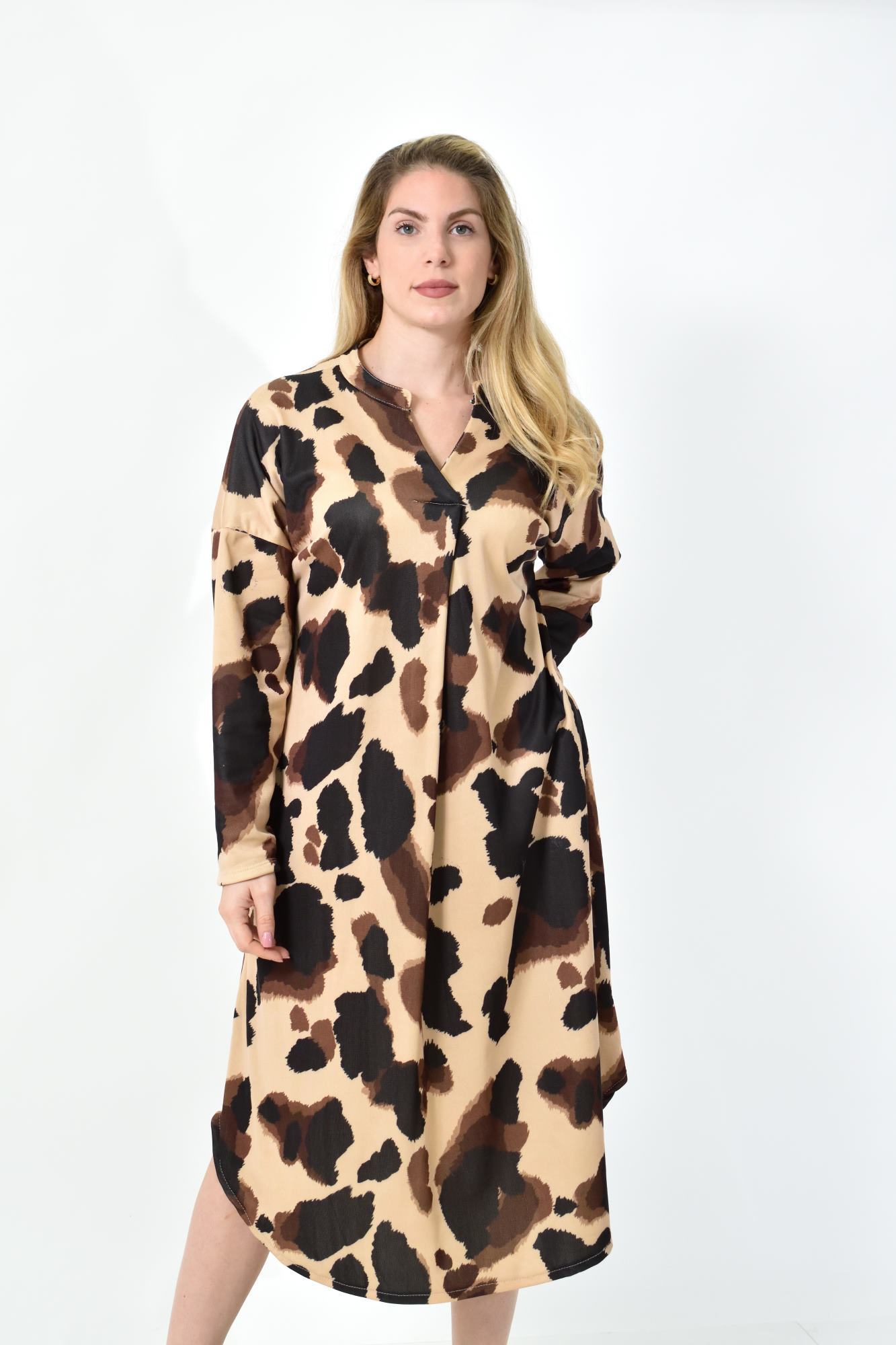 Midi Σεμιζιέ Φόρεμα Abstract Animal Print - Άνετη Γραμμή Μαύρο 27283