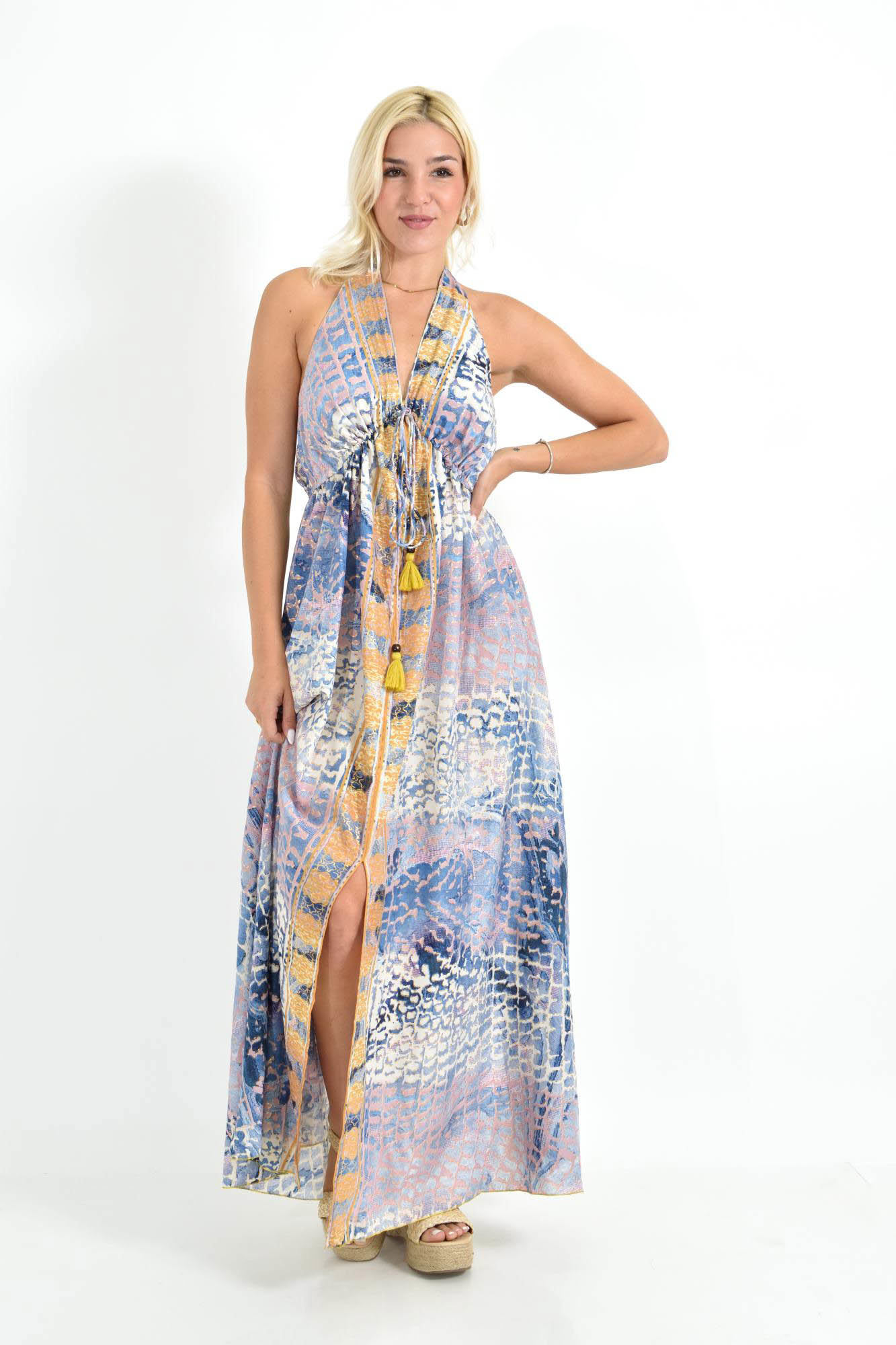 Μάξι Φόρεμα με Animal Print & Δέσιμο στον Λαιμό Μπλε 26704