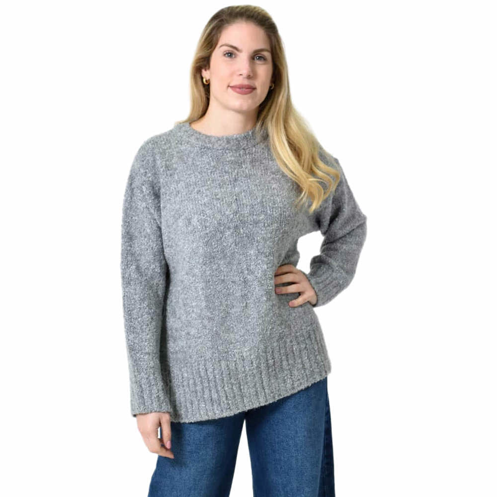 Oversized Πλεκτή Μπλούζα με Στρογγυλή Λαιμόκοψη & Ριμπ Λεπτομέρειες Γκρι 27304