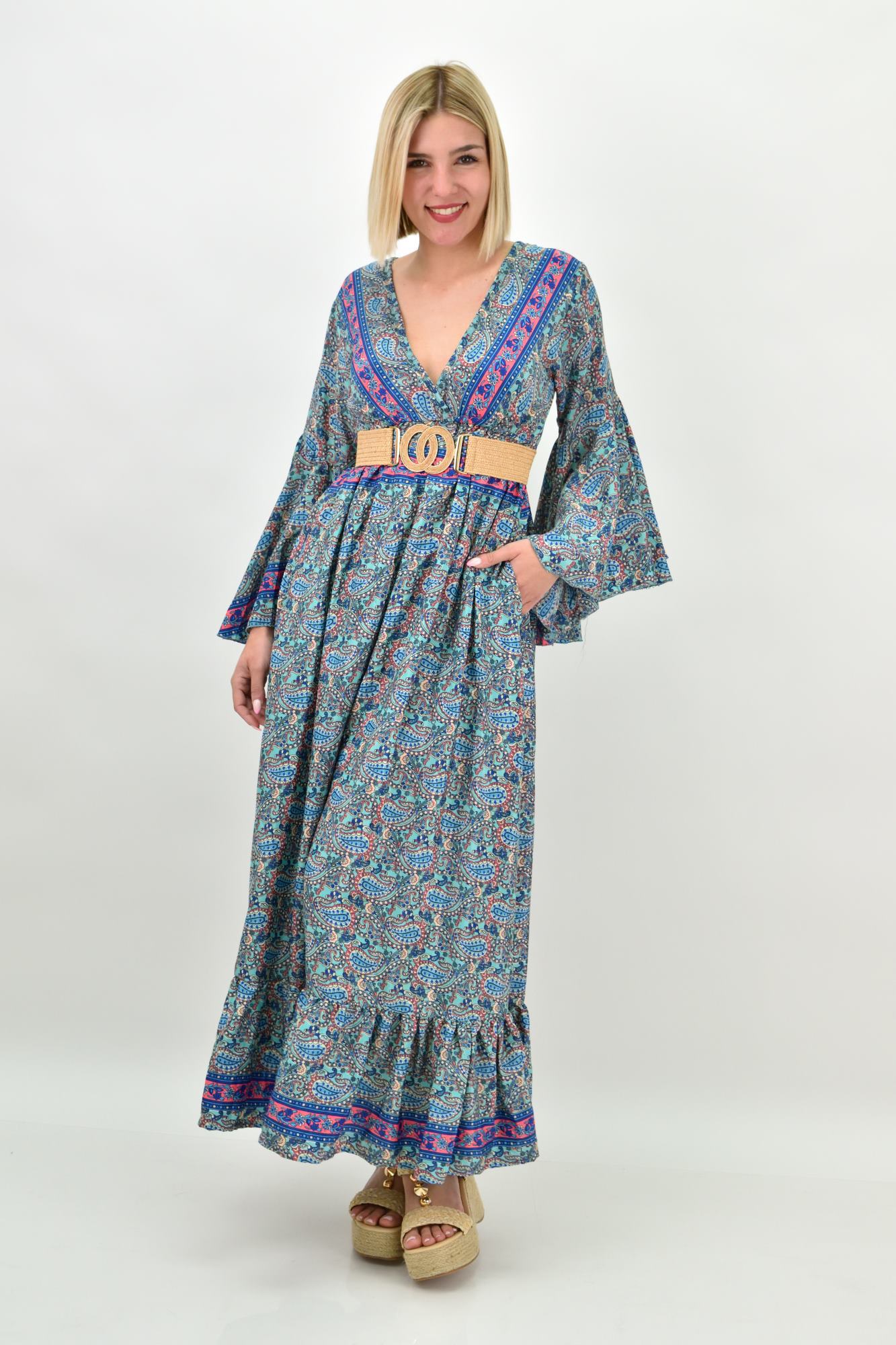 Γυναικείο μεταξωτό boho φόρεμα με τσέπες χωρίς ζώνη Μπλε 19429
