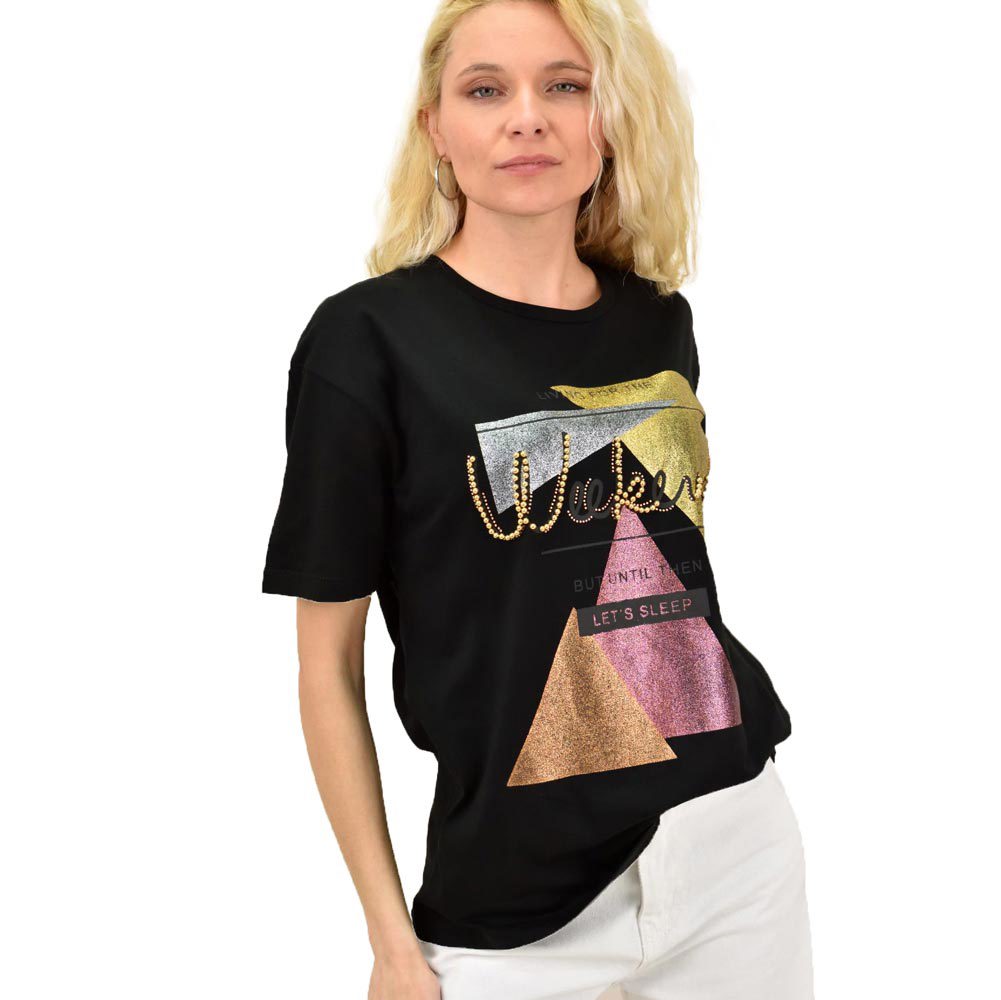 Γυναικείο T-shirt με τύπωμα και στρας WEEKEND Μαύρο 14973