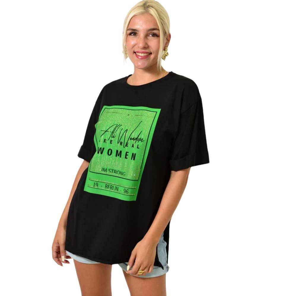 Γυναικείο T-shirt με τύπωμα και στρας Μαύρο 25509