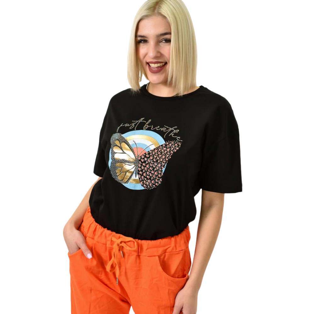 Γυναικείο T-shirt με σχέδιο Just breath Μαύρο 23174