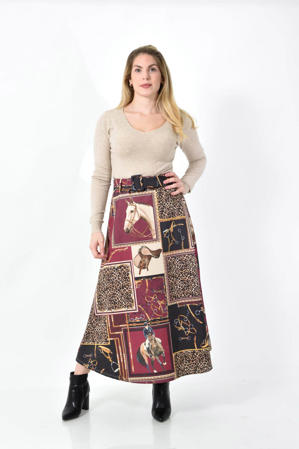 Ψηλόμεση Midi Φούστα Εβαζέ με Ασορτί Ζώνη Μπορντώ 27253 φωτογραφία