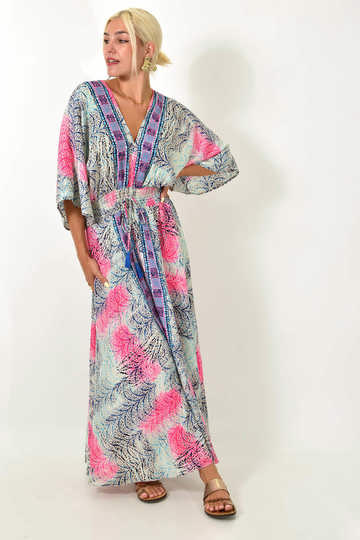  - Maxi καλοκαιρινό εμπριμέ φόρεμα με V λαιμόκοψη, ροζ