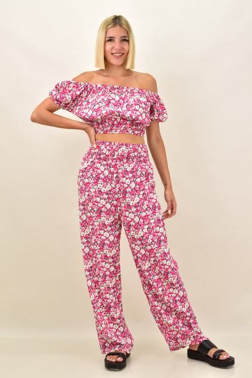  - Γυναικείο σετ φλοράλ με crop top και παντελόνα σε ροζ αποχρώσεις
