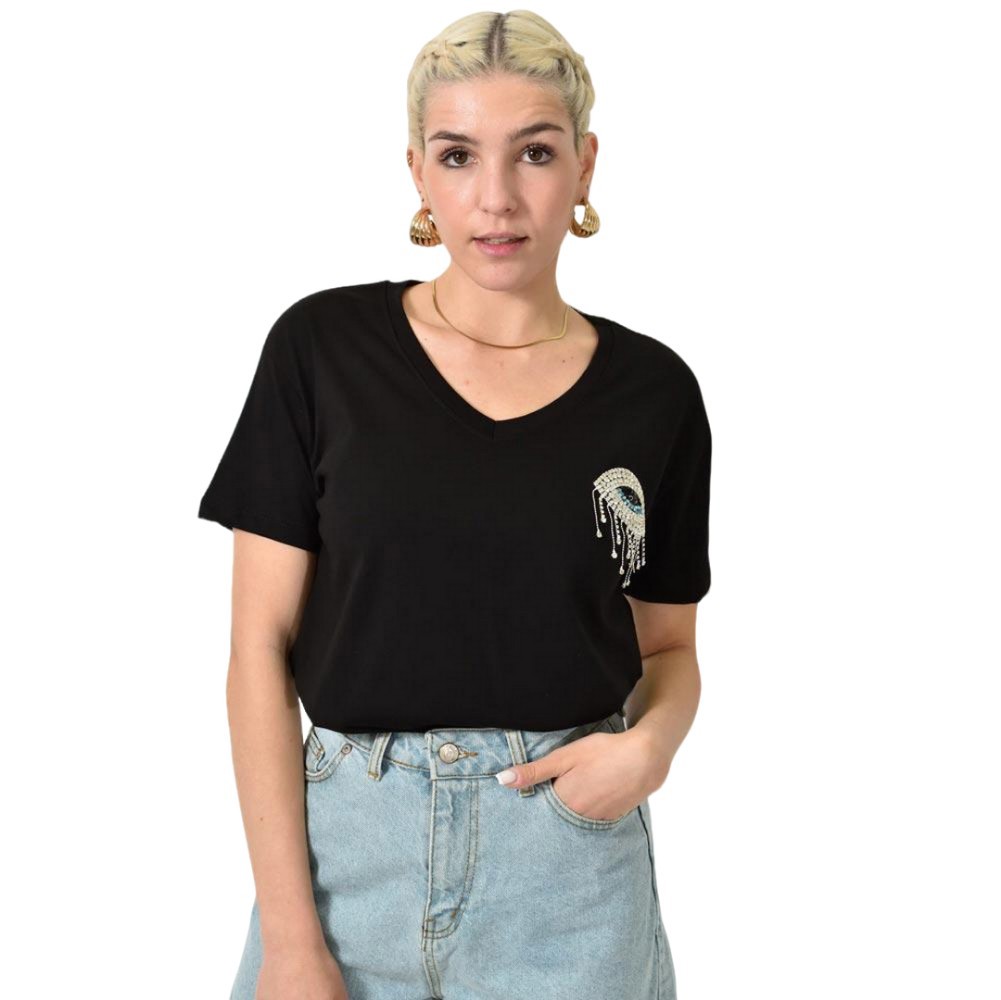 T-shirt με στρας & σχέδιο μάτι Μαύρο 24156