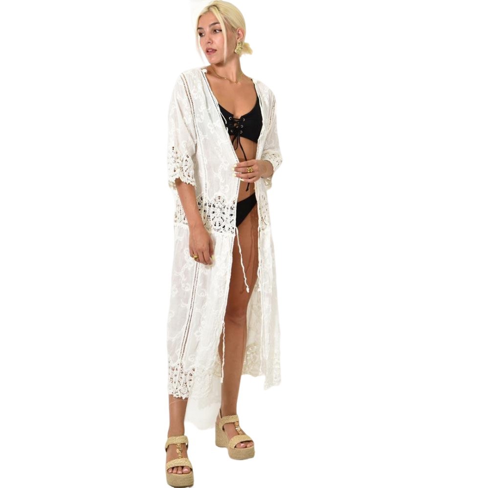 Γυναικείο μακρύ κιμονό με κεντητά σχέδια Λευκό 25523