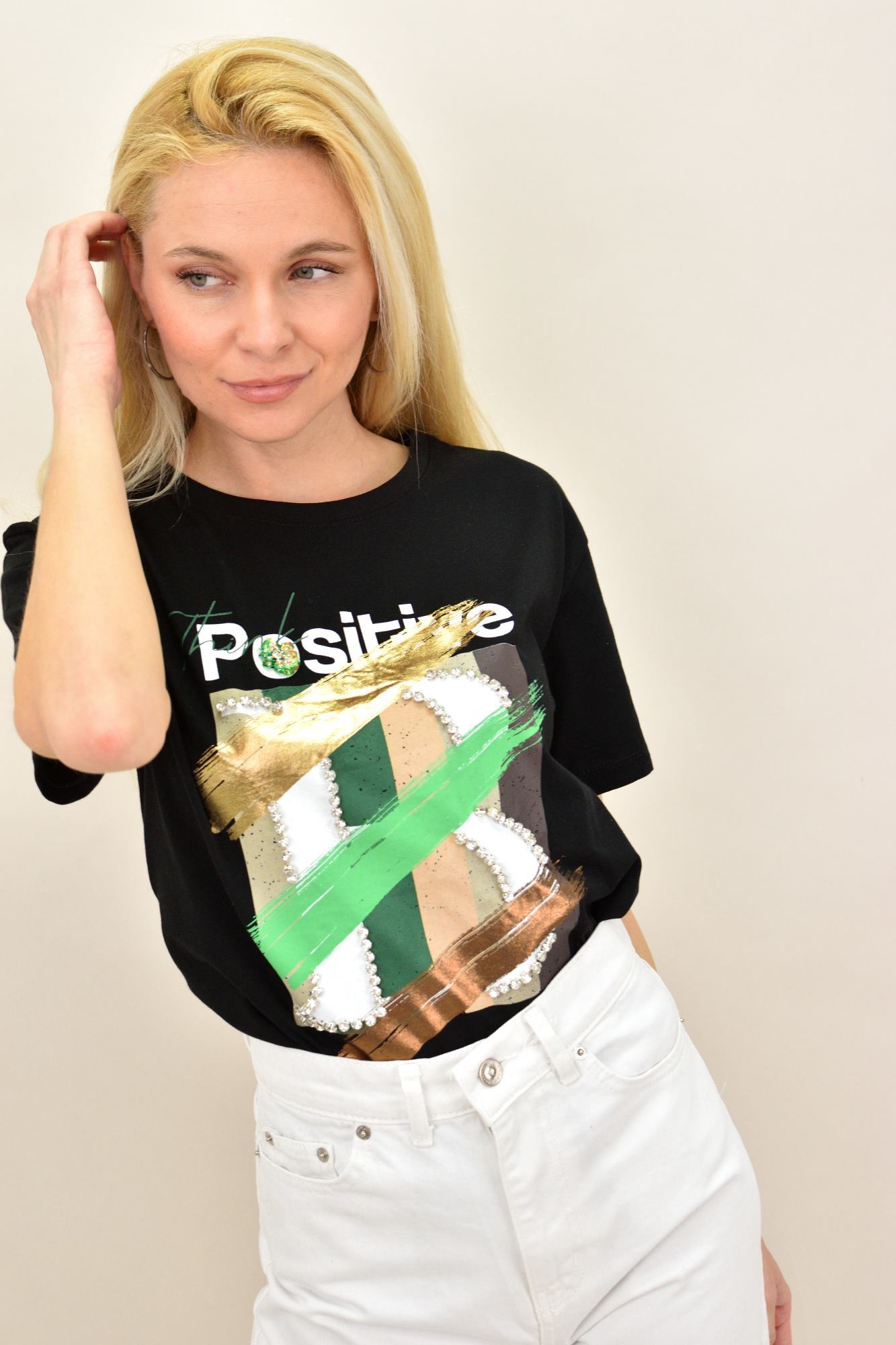 Γυναικείο T-shirt με τύπωμα και στρας Positive Μαύρο 14711