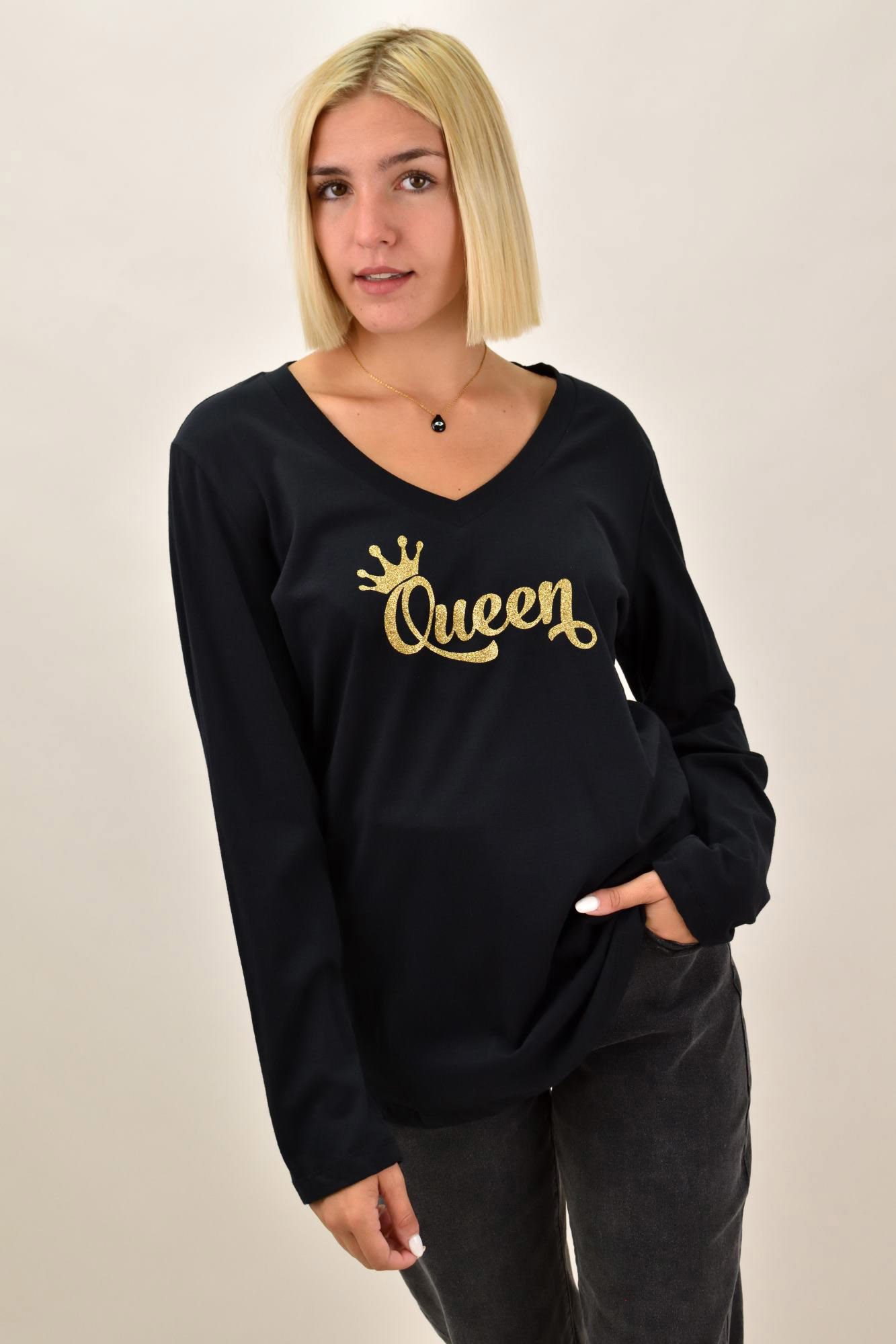 Μακρυμάνικη βαμβακερή μπλούζα με τύπωμα QUEEN Μαύρο 18173