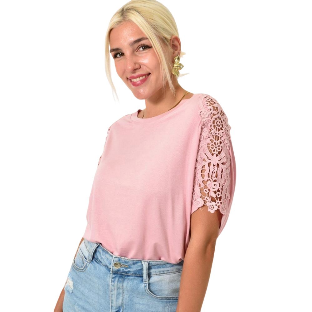 Γυναικεία μπλούζα oversized με δαντέλα Ροζ 25484