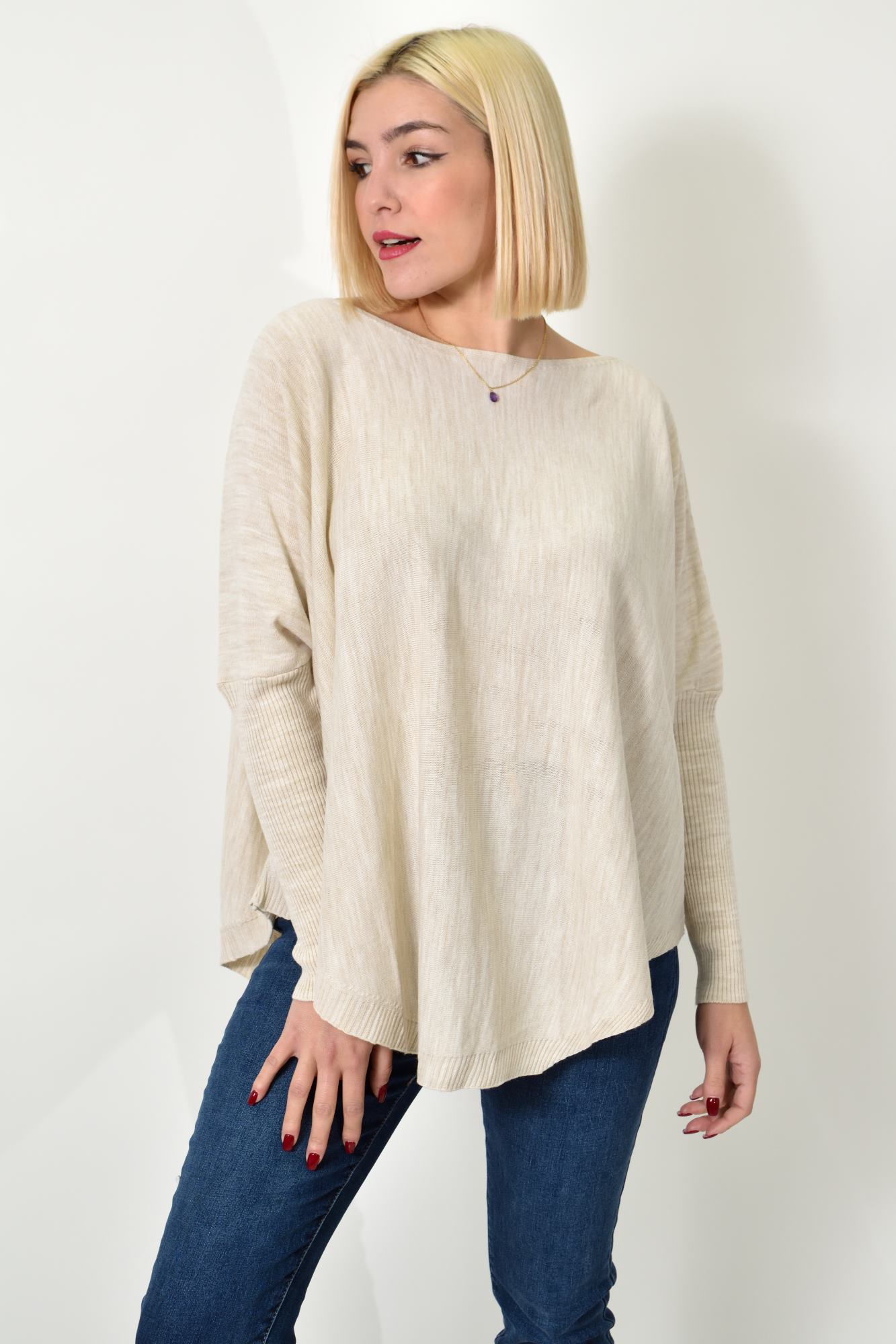 Γυναικείο πλεκτό oversized ασύμμετρο Εκρού 22844