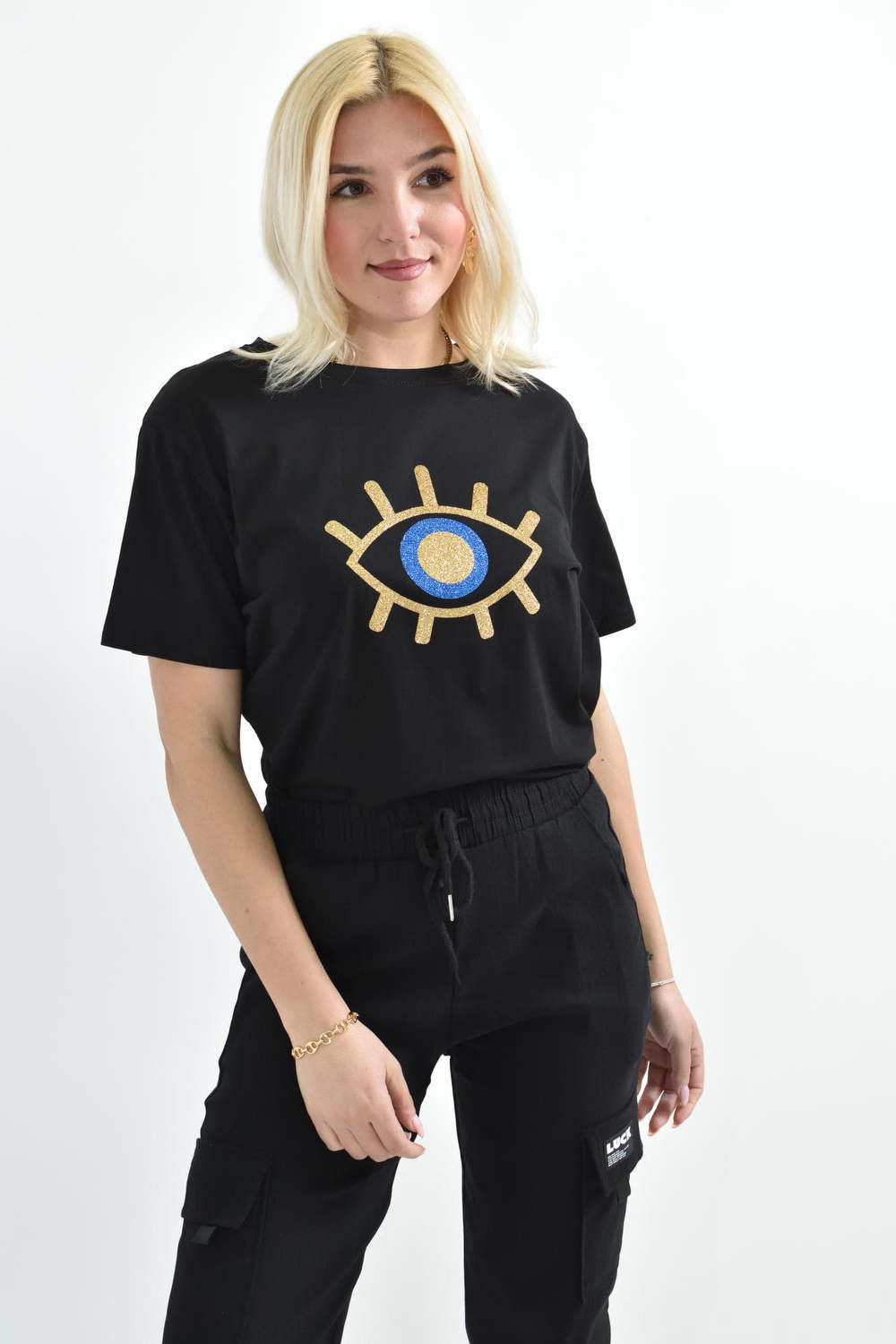 Γυναικείο T-shirt με χρυσό τύπωμα μάτι Μαύρο 26392 φωτογραφία