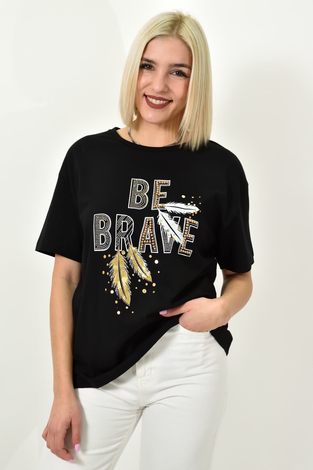 Γυναικείο T-shirt με σχέδιο Be brave Μαύρο 23172