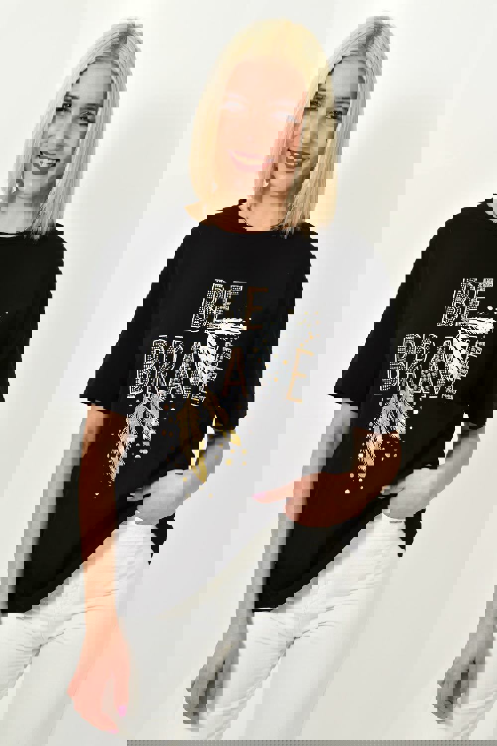 Γυναικείο T-shirt με σχέδιο Be brave Μαύρο 23172 φωτογραφία