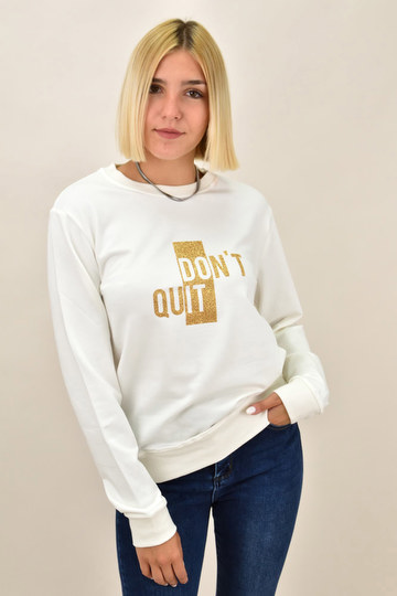  - Μπλούζα φούτερ με χρυσά γράμματα Don't Quit σε λευκό