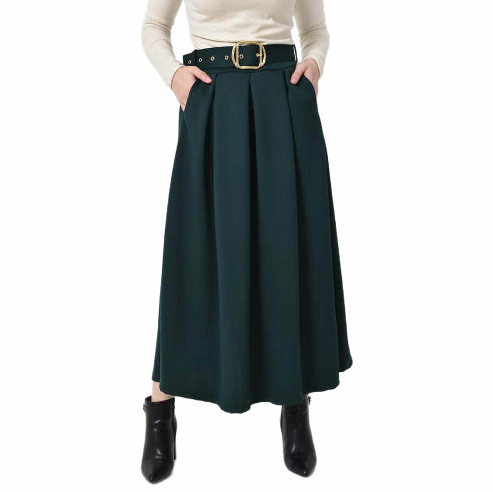 Ψηλόμεση Midi Φούστα με Πιέτες & Ζώνη Λαδί 27276