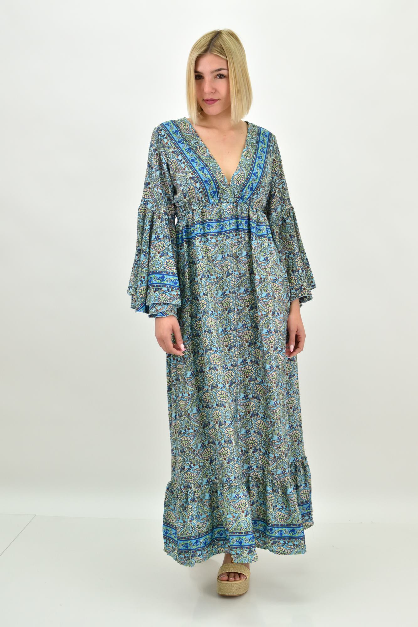 Γυναικείο μεταξωτό boho φόρεμα με τσέπες χωρίς ζώνη Μπλε 19688