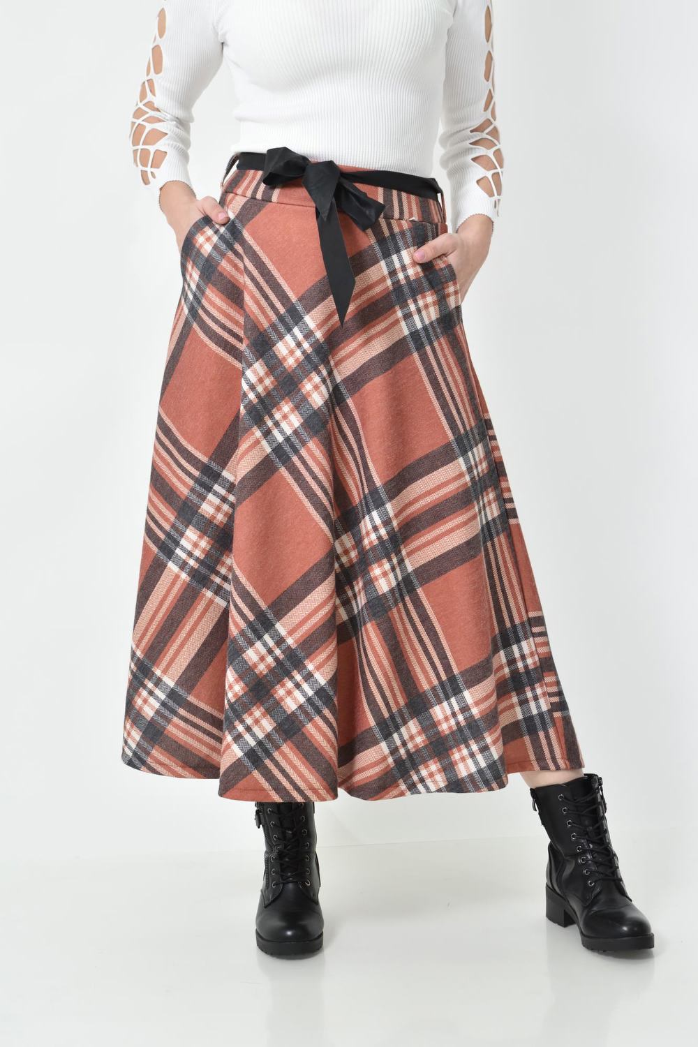 Ψηλόμεση Midi Καρό Φούστα με Τσέπες & Ζώνη Κεραμιδί 27221 φωτογραφία