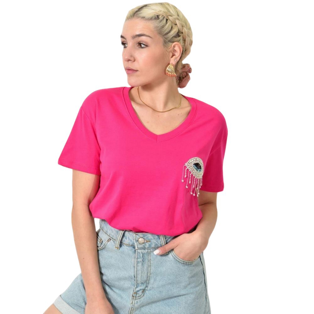 T-shirt με στρας & σχέδιο μάτι Φούξια 24158