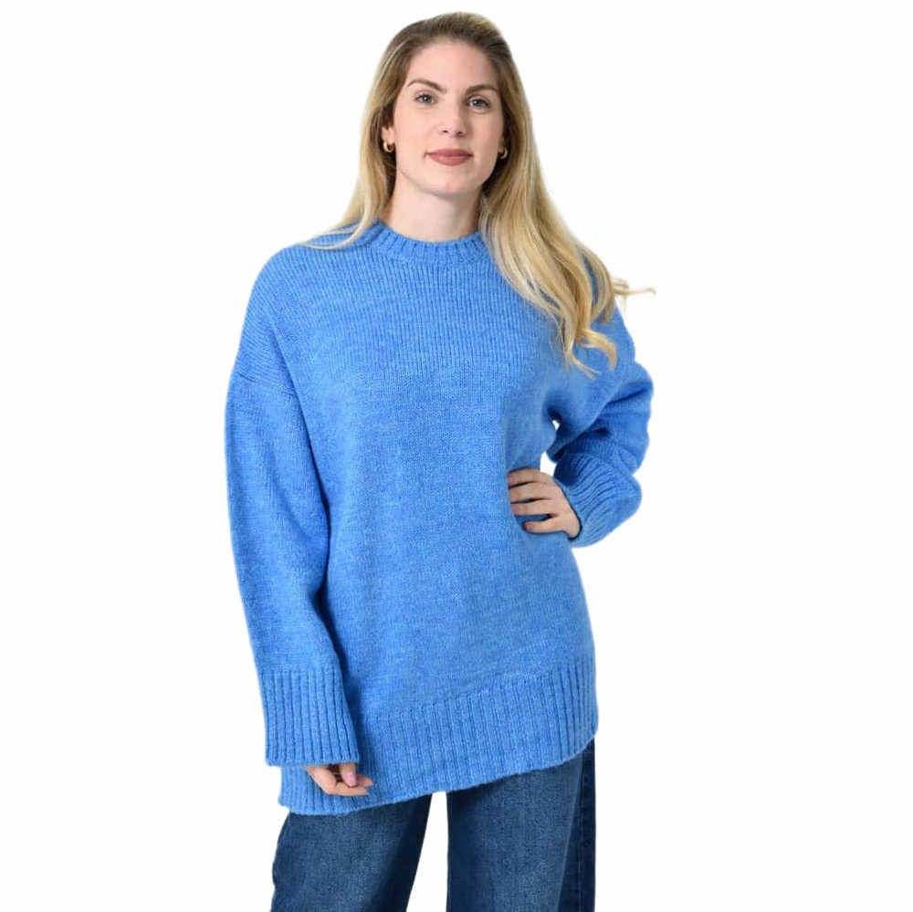 Oversized Πλεκτή Μπλούζα με Στρογγυλή Λαιμόκοψη & Ριμπ Λεπτομέρειες Γαλάζιο 27300