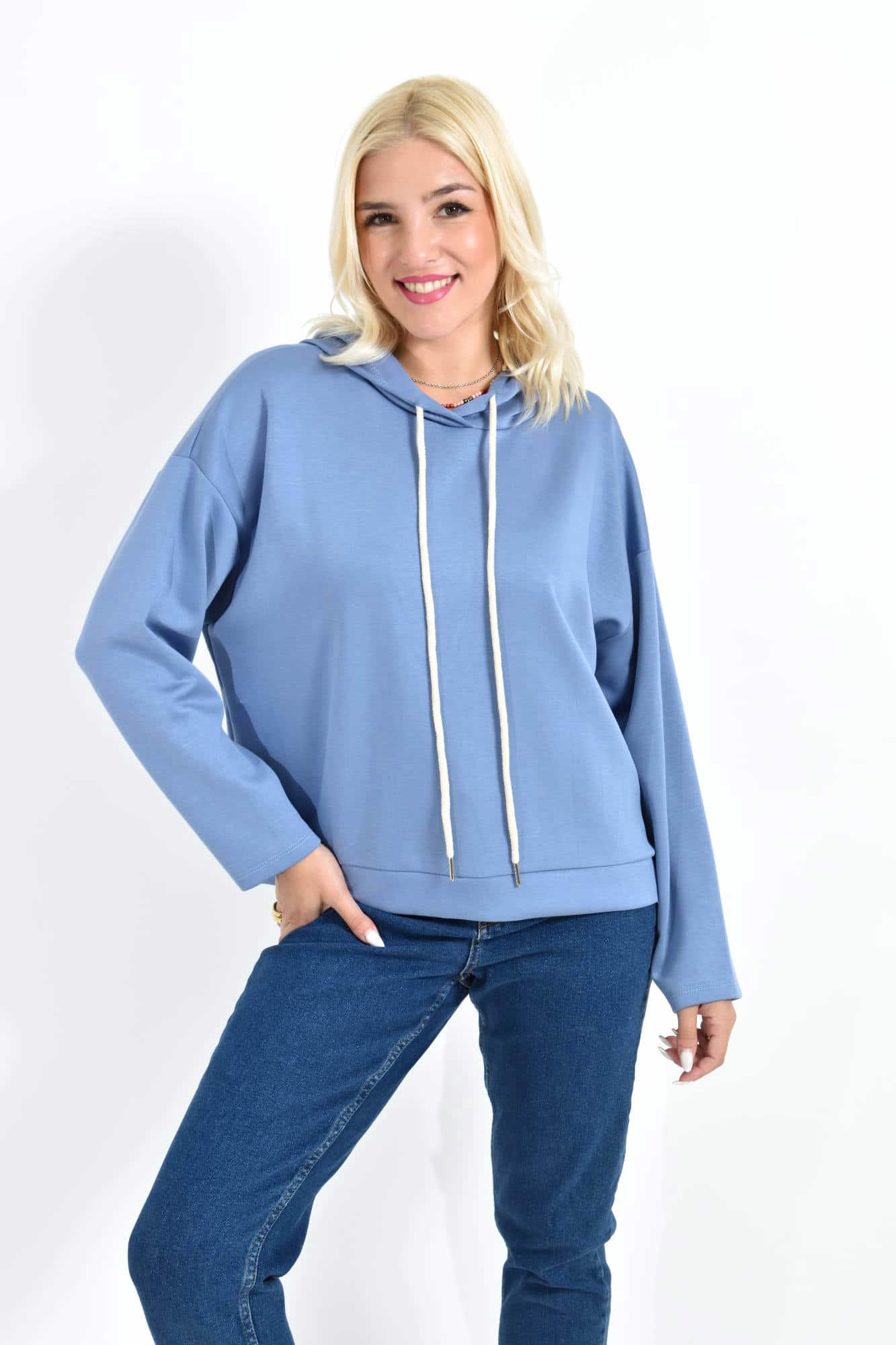 Γυναικείο Cropped Hoodie με εκρού Κορδόνια Μπλε Ραφ 27082
